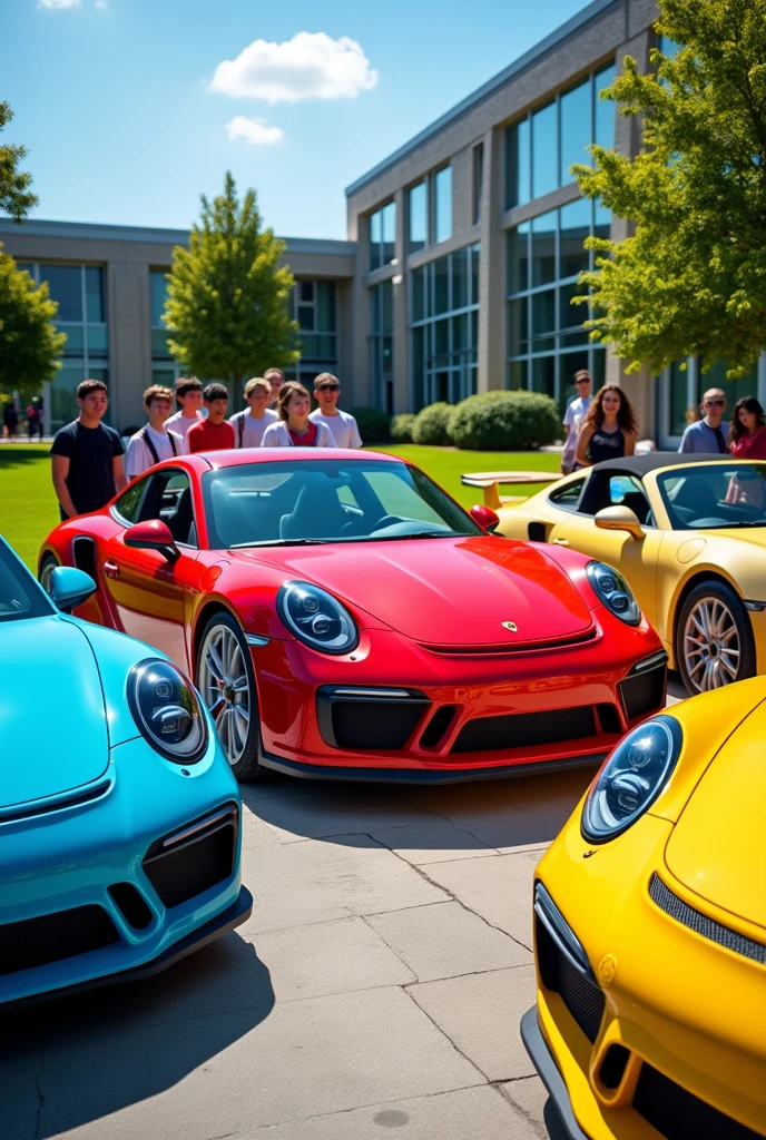Some porche different color cars in school ground 