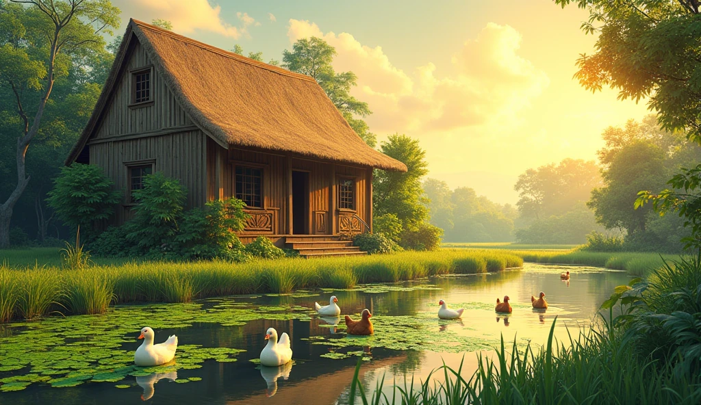 an image of a rural vietnamese house with the light shining on them, in the style of colorful prisma, small duckweed pond, some duck and chickens, hens, erased and obscured, multiple flash, iconic album covers, photography, 50mm