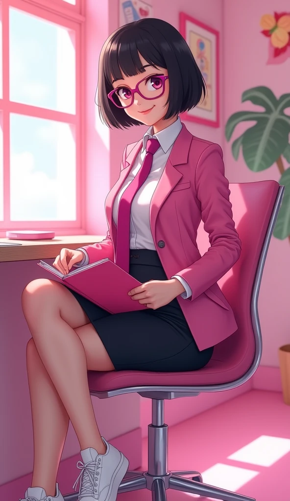 The young woman short black hair and pink eyes wear a pink suit, white shirt, magenta necktie, black pencil skirt, black underpants, black tights, black socks, adidas white sneakers.

She wear the pink glasses and hold the pink notebook, sit on the chair, smiled, office pink room, cartoon novel, anime, 4K, HD