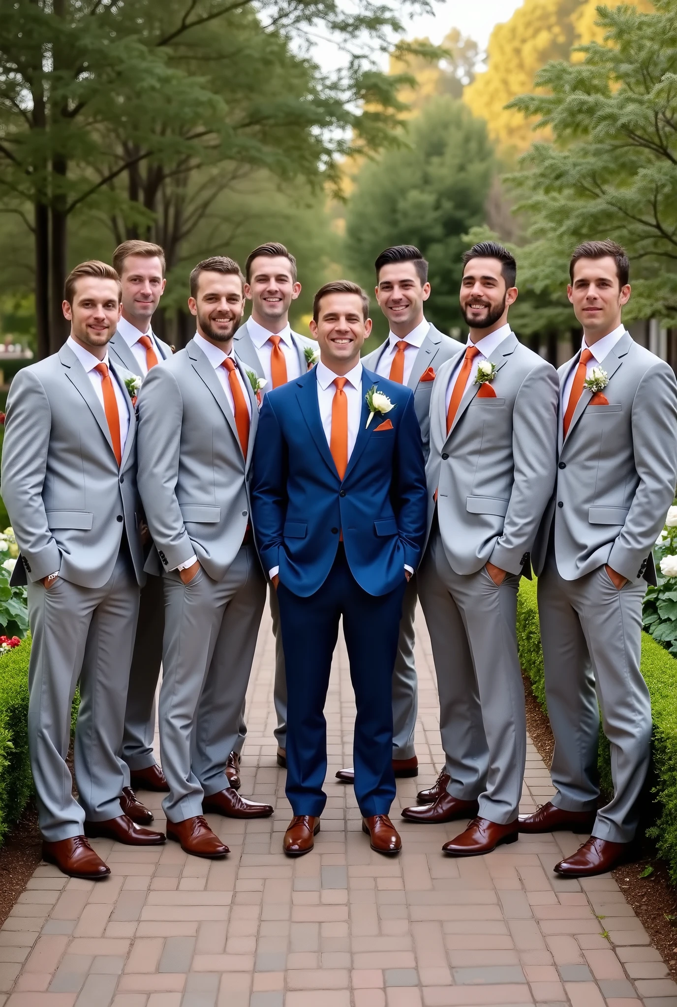 7 groomsmen in light gray chrome suits with terracotta colored ties and the groom in blue suit in the middle