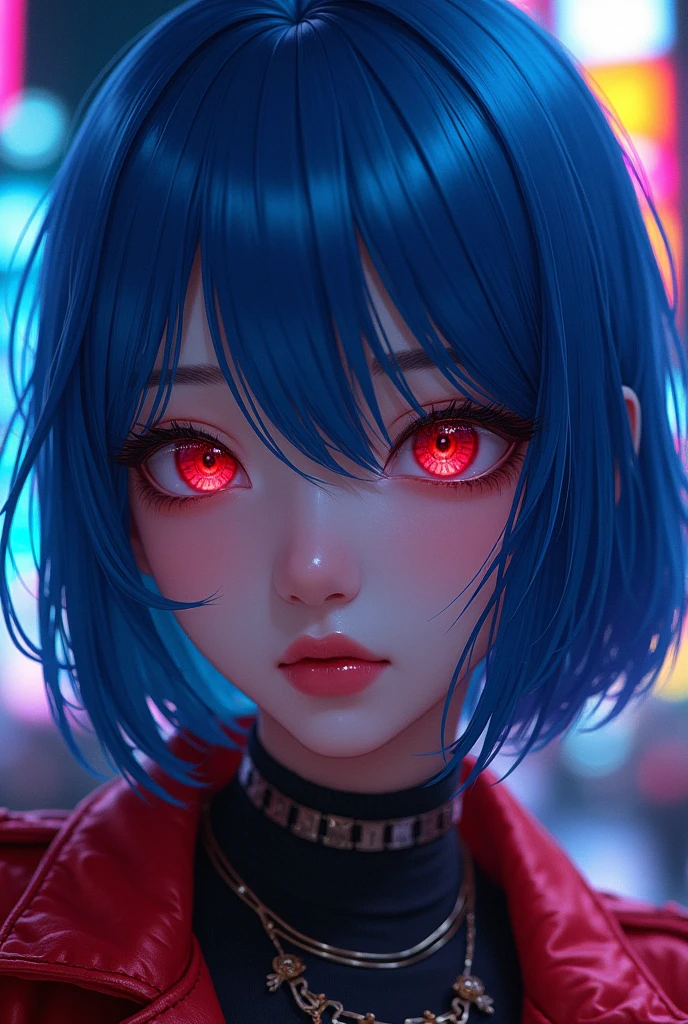 (masterpiece,detailed,High resolution:1.4) , model photo, close up, detailed face, fine detailed eyes,, (touka kirishima),medium blue hair,demon eye,retro jacket,Terror a tokyo,retrofuturism background, vibrant colors, HdR,, ,