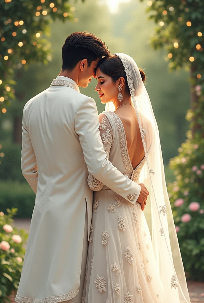 Illustration of a Pakistani nikkah bride(in white kurti and gharara) and groom in white attire also the bride has placed her head on grooms shoulder
From their backs