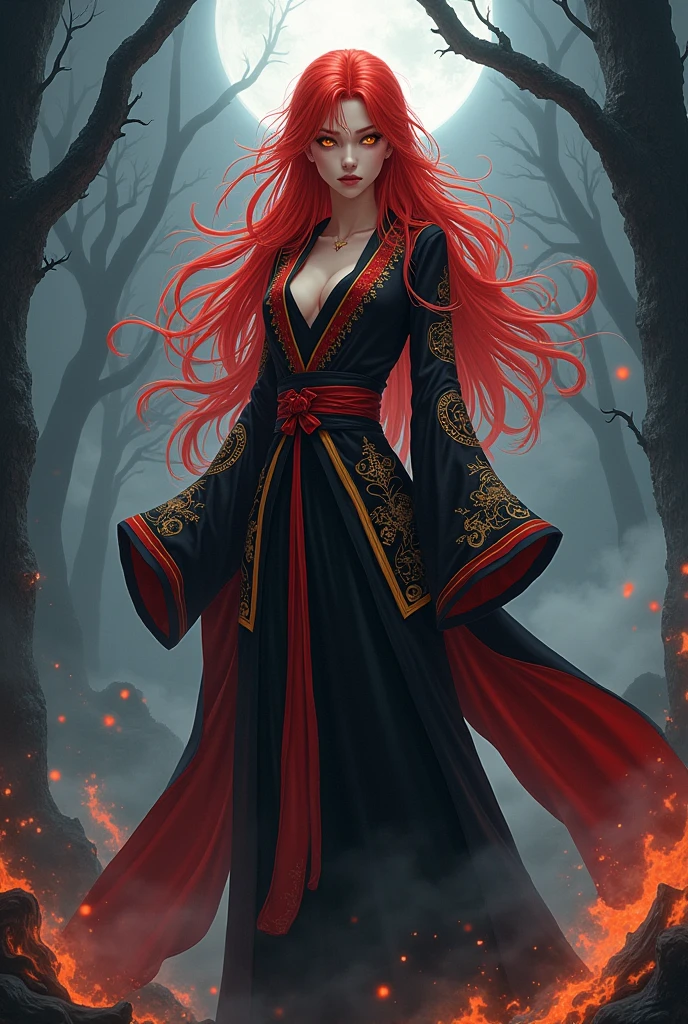 Changli a woman with red hair and golden eyes, belonging to the pc game wuthering waves using an outfit from the bleach anime