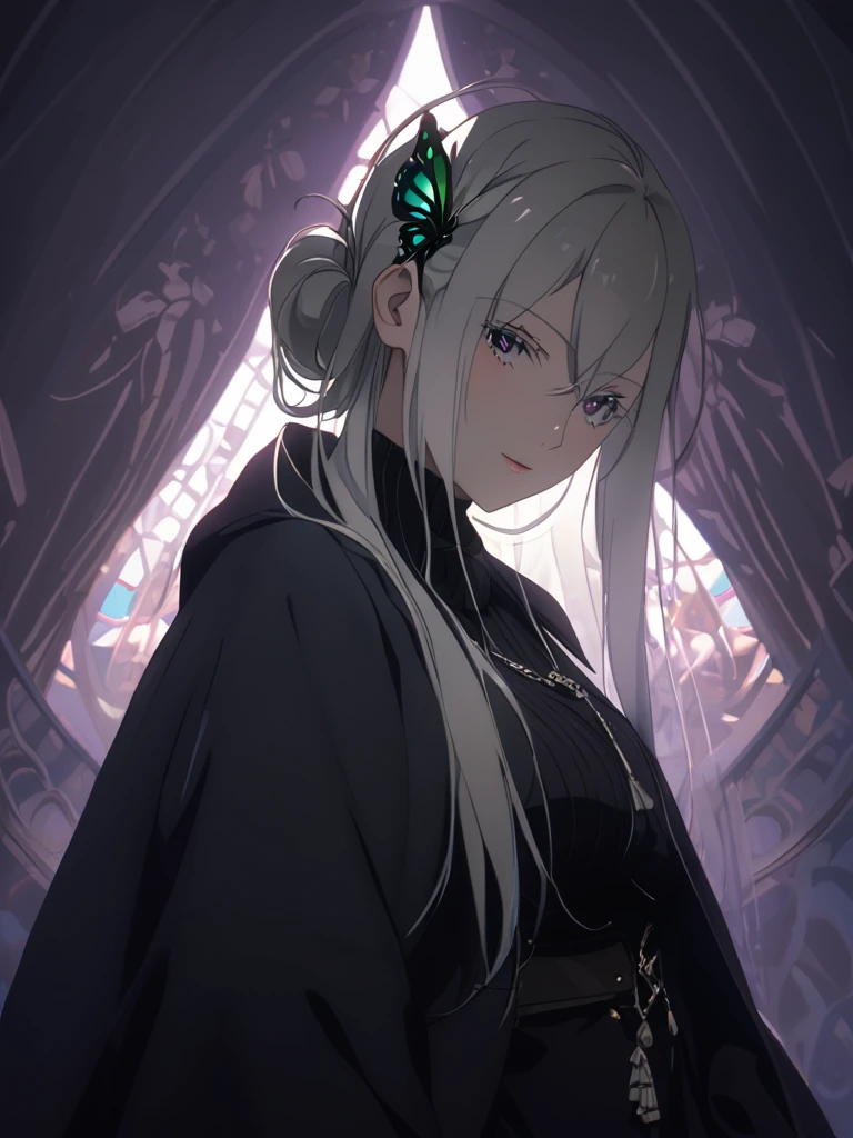 score_9, score_8_up, score_7_up, score_6_up, uncensored, Echidia, echidna, silver hair, long hair, butterfly hair ornament, purple eyes, multicolored eyelashes, BREAK (masterpiece:1.2), best quality, high resolution, (beautiful detailed eyes:1.3), perfect lighting, (perfect hands, perfect anatomy), large breasts, breasts, epic art, fantasy, 1girl, solo, looking_at_viewer, jacket, sweater, upper_body, coat, ribbed_sweater, turtleneck, looking at viewer, glow effects, godrays, Hand drawn, Vivid colors, extremely detailed CG unity 8k wallpaper, trending on CGSociety, Intricate, High Detail, dramatic, hollow eyes, 