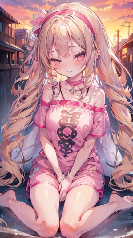 a cute 6 year old church girl named Anna, both brownish blonde hair, long wavy hair, short sleeved jersey tshirt, pink shorts, wearing a pink hairband, on knees, praying, eyes closed, sunset, slight smile, wristbands, barefoot