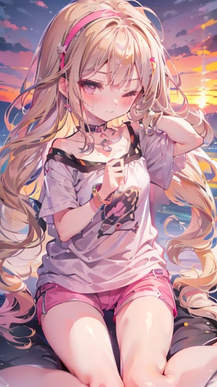 a cute 6 year old church girl named Anna, both brownish blonde hair, long wavy hair, short sleeved jersey tshirt, pink shorts, wearing a pink hairband, on knees, praying, eyes closed, sunset, slight smile, wristbands, barefoot