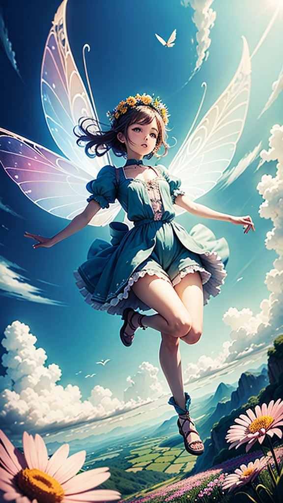 A beautiful fairy flying around flowers in the sky full of clouds 