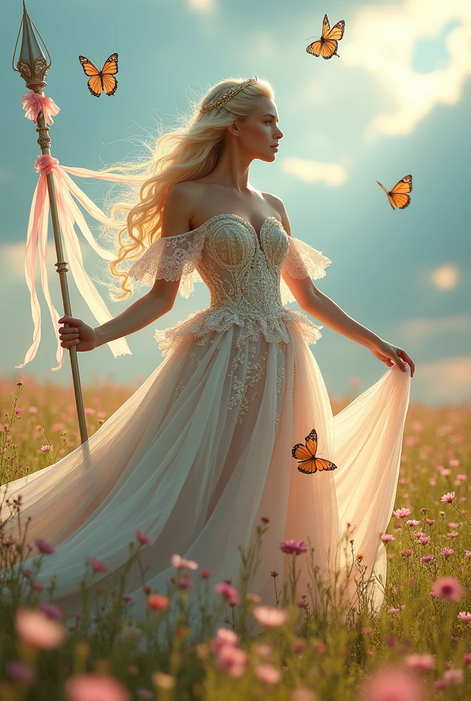 Blonde man dressed as a beautiful princess with lancery 
