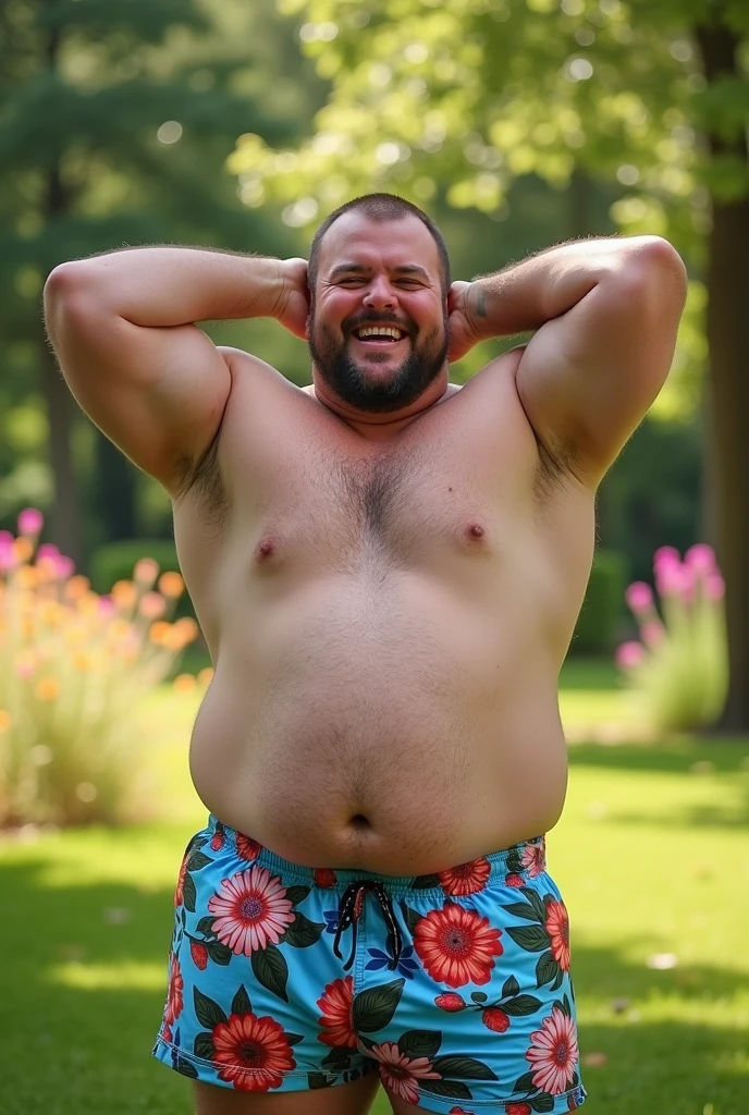 Shirtless chubby Caucasian guy showing armpits 