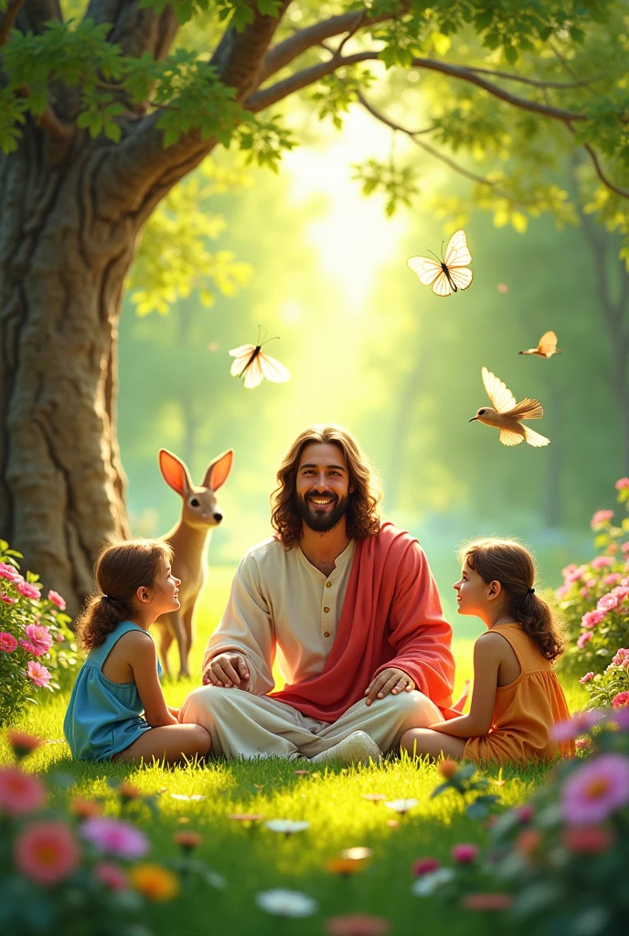 Jesus surrounded by several happy children, boys and girls, in a grassy garden with flowers, Trees, birds, butterflys, and other docile animals.