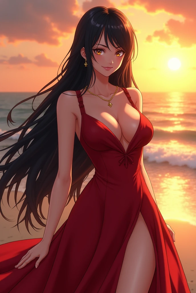 Create me a realistic image of Boa Hancock from the ONE PIECE anime, that she is showing her tits and with a lascivious face