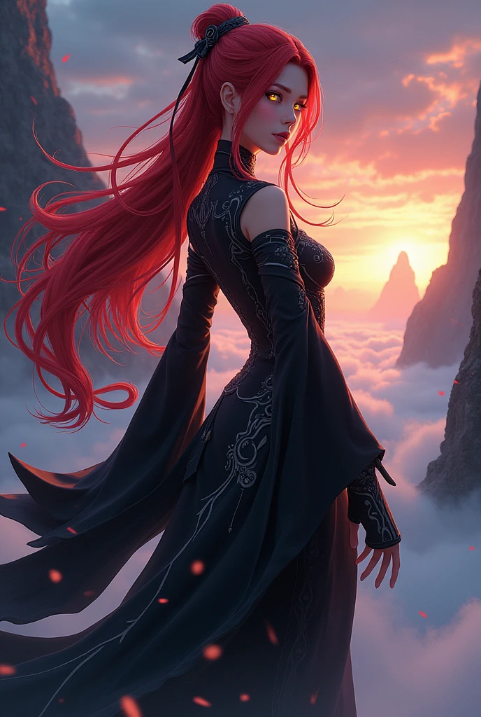 Changli a woman with red hair and golden eyes, belonging to the pc game wuthering waves using an outfit from the bleach anime