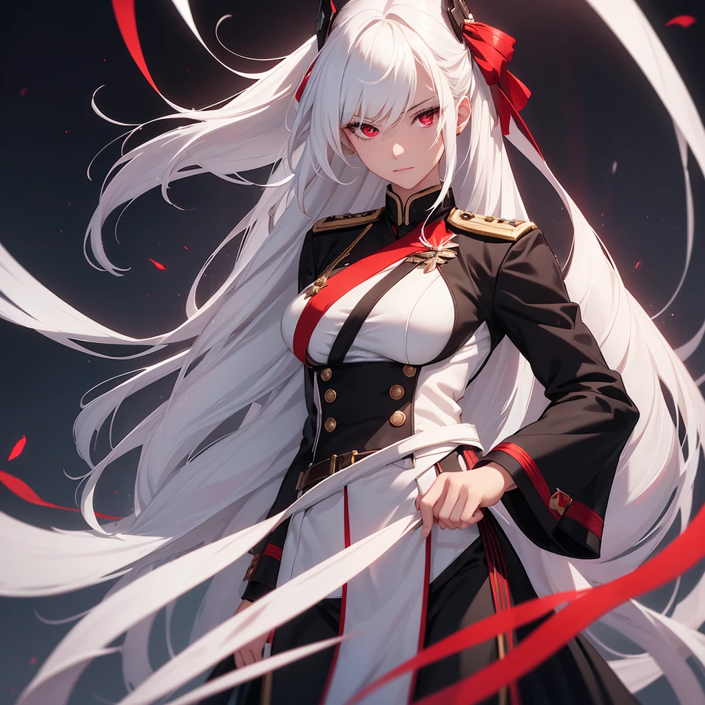 Beautiful Chiss lady, White hair, length hair,Breast size, black red uniform, rock, Lead the Belt, friendly look, good quality, light background, discreet rank insignia, V-neck, erotic, red ribbons in hair, 4K, red eye,