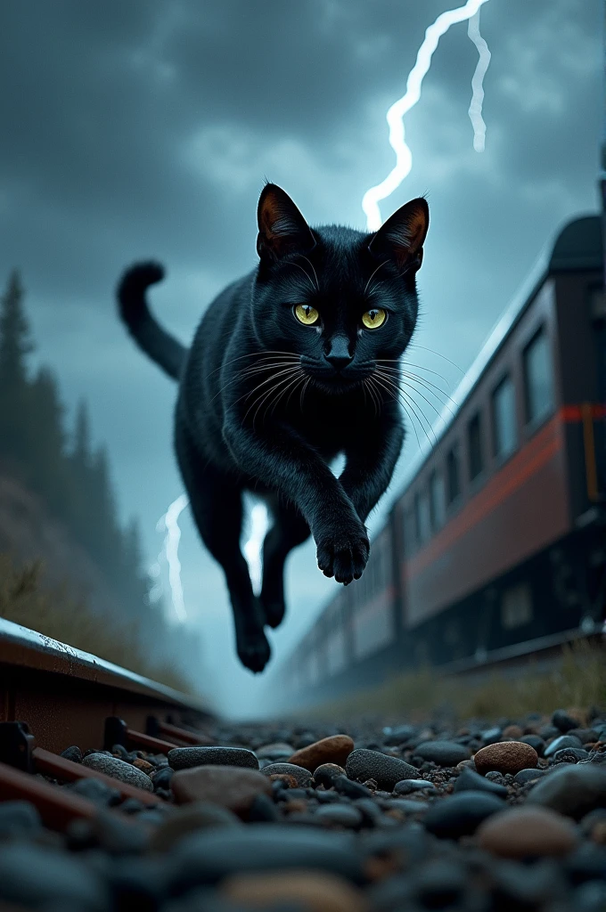 A black hunted cat attacks the train