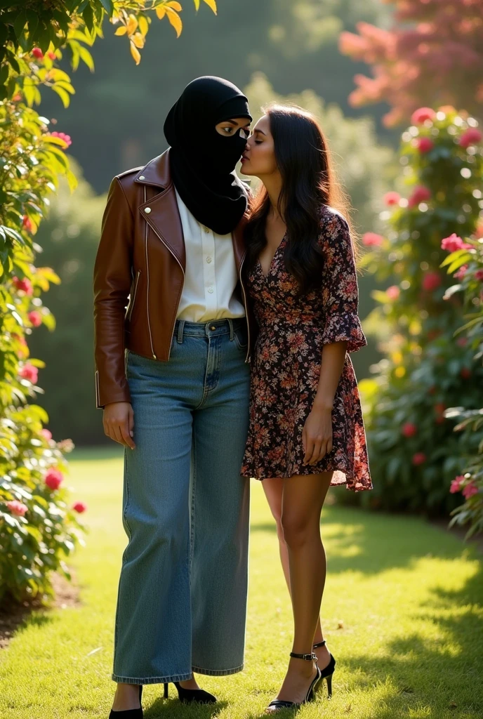 completely hidden face misterious white arabic woman wearing 2 eye holes black ski mask covering mouth and nose, without hair, black head scarf, green eyes, brown biker leather jacket, white formal button down blouse, wide leg denim pants, walking on the garden, high hill sandals, sunny day, kissing beautiful brunette girlfriend wearing short dress