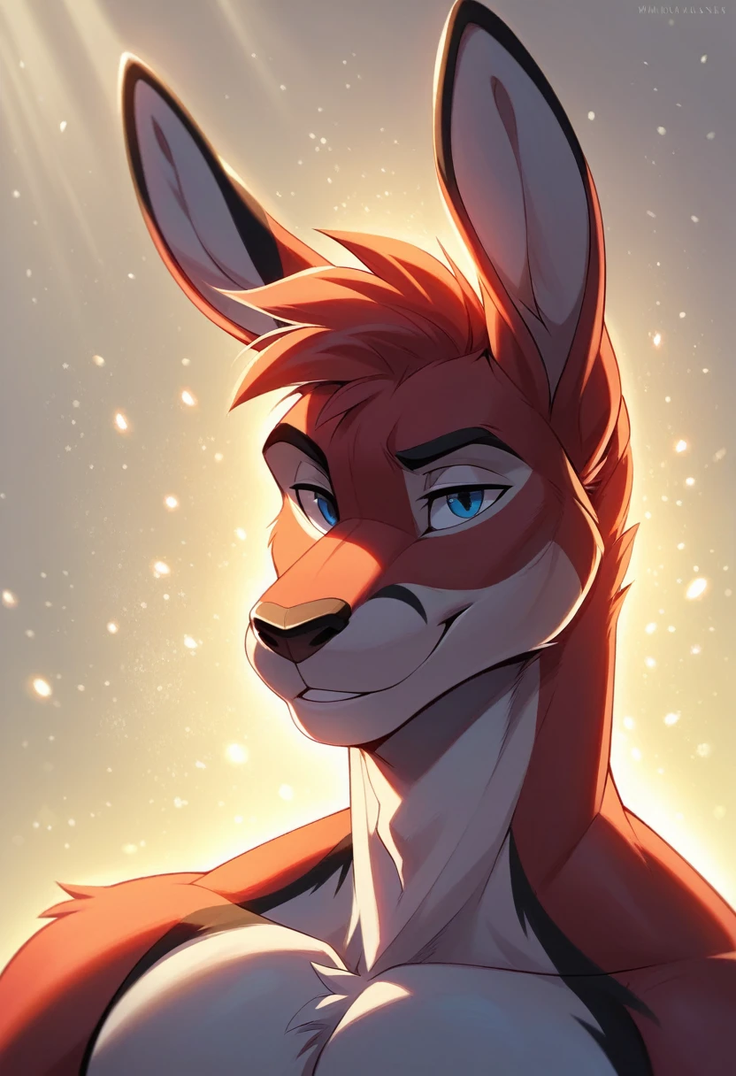 solo male, kangaroo , furry, smiling, red fur, Black fur stripe, netral,  dynamic lighting, illustration, beautiful, particles (high quality,4k,8k,highres,masterpiece:1.2), ultra-detailed, impressionistic:colorful,