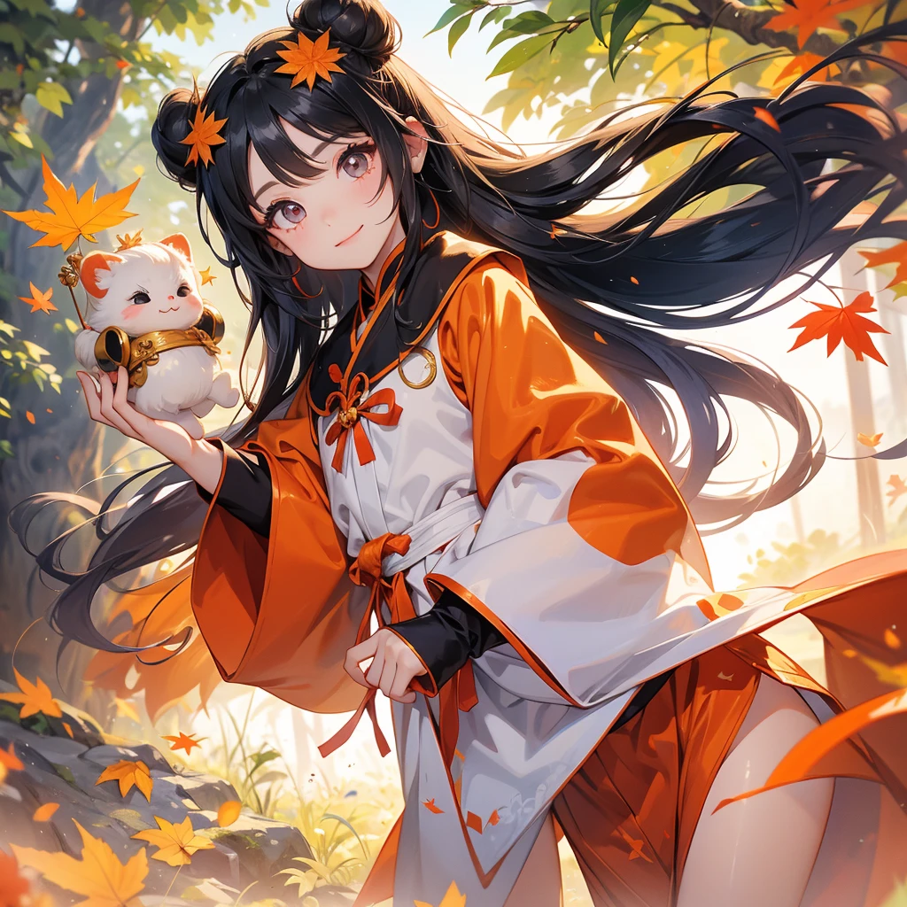 A chibi child girl had a small face and Wearing a little Taoist priest's outfit. A pair of big round eyes shone with curiosity about him. This child was so cute! The backdrop is a mountain that turns orange-red in spring, and maple leaves fall from the trees, her hair is black with two buns on her hair.small chibi, chibi baby, smiling ,Chibi.