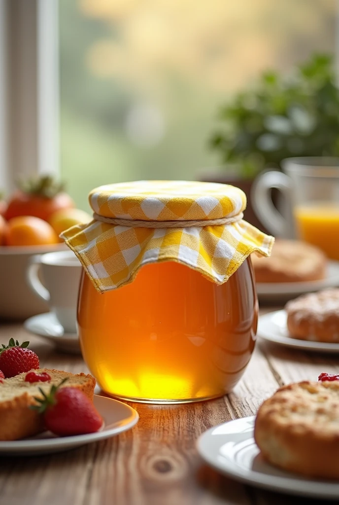 honey jar ,with lid on the lid there is a yellow and white checkered cloth on a table at a family breakfast