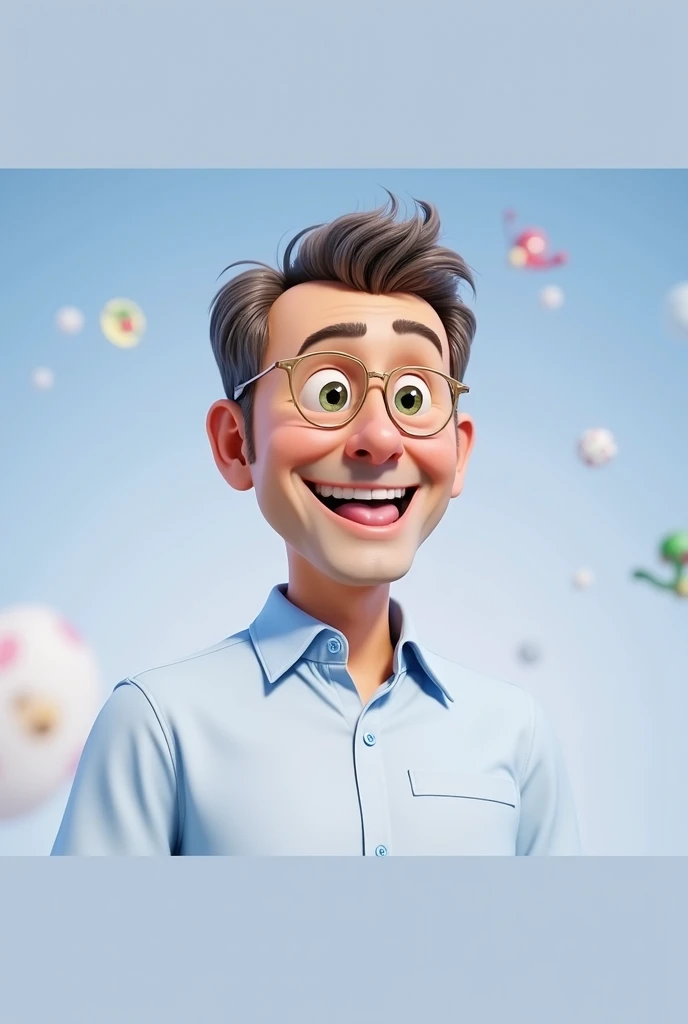Cartoon character of a man blue shirt, 45 years old adult, an animated character, stylized character, animation style rendering, 3d stylized, tongue slightly out, fun eyes and a mischievous smile