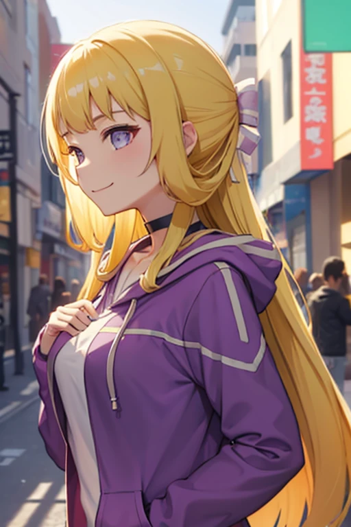 One person, solo, High resolution, chest, smile, Blonde,Purple hoodie,Street fashion,Bubble gumを膨らませている,Bubble gum