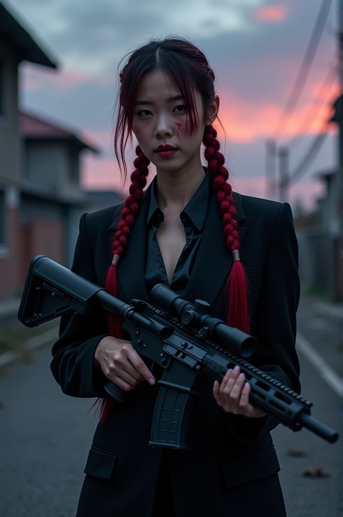 A korean woman,wearing tux with her hair braided in two corn row(hair dyed crimson),holding a m3.16 sniper gun and she is covered in blood. She is standing on
