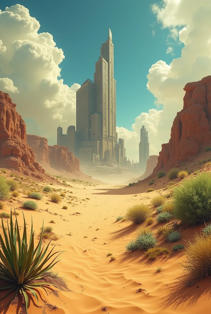 Desert with city behind scene add plants and more things add adventures destruction 
