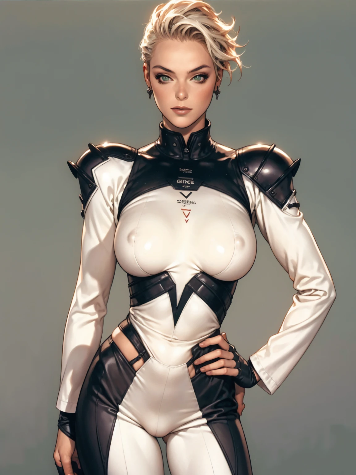 (((Brigitte Nielsen))), ((( carbon fiber suit ))), (((body	0% plumpness))), ((high collar)), (((Moss green))), (((best qualityer: 1.4))), (Unbeatable masterpiece), (hiper HD),(CG 8k hyper-realistic), (((brave face))), (((breasts big))), (((hyper feminine))), sexly girl, Tron,（white bob hair)), ((( sculptural body ))), (((1 Kizi))), Kizi cibernética de 25 anos com perfectbody,,Beautiful and well-groomed face,muscular body:1.2,solid color detailed jacket, (Head to thigh photos)， Complex equipment, green dark，Long pants，Tight clothes are dark，With white stars and off-white stripes,,,,,Armor Metal Electronic Parts, Poison tattoos ) INFO, Kizi, (((standing alone))), pirralha violent, ((())), sexly, pose de atitude, work of art, post-apocalypse, (((manga style))), bounty hunter, violent, Manic, the way you want, slenderbody, thin but strong, perfectbody, roupa moderna, advanced technology, neon, sleeves with vertical striped pattern, neutral background, (( cowboy shot )). intricate visual