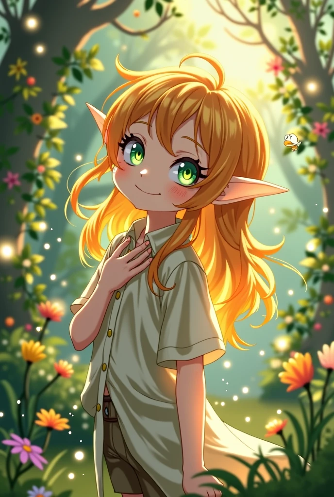 White-skinned anime boy with elf ears, long light orange hair and green eyes 