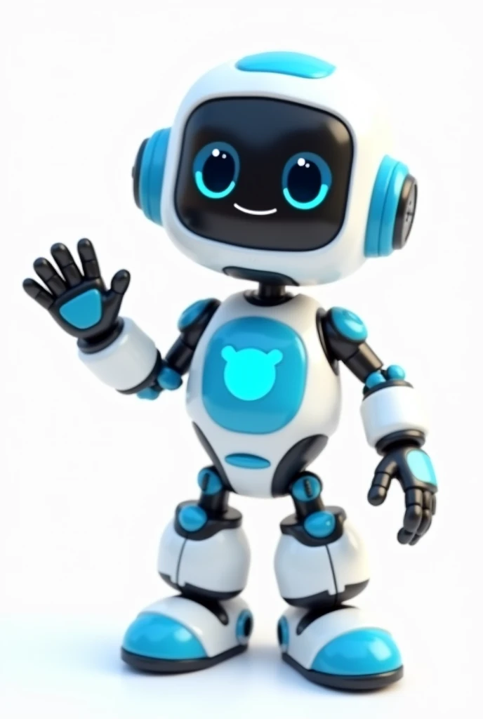 full body white and blue smiling friendly cute nerdy robot 3d character, one hand holding a keyboard, the other hand showing a welcome gesture, standing whitout background