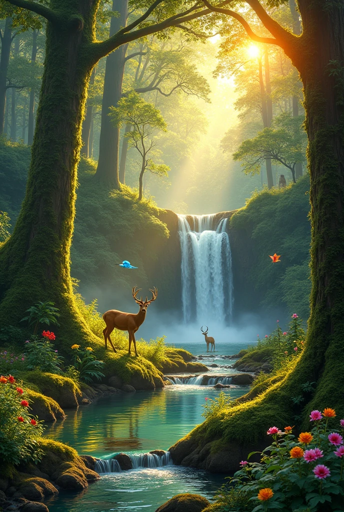 A serene, lush forest at sunrise with towering trees covered in vibrant green moss. Sunlight filters through the dense canopy, creating rays of light that dance on the forest floor. A crystal-clear stream winds its way through the scene, reflecting the golden light. In the distance, a small waterfall cascades into a tranquil pool surrounded by ferns and wildflowers in bloom. A few deer are gently grazing near the water, while birds with bright plumage flit between the branches. The overall atmos