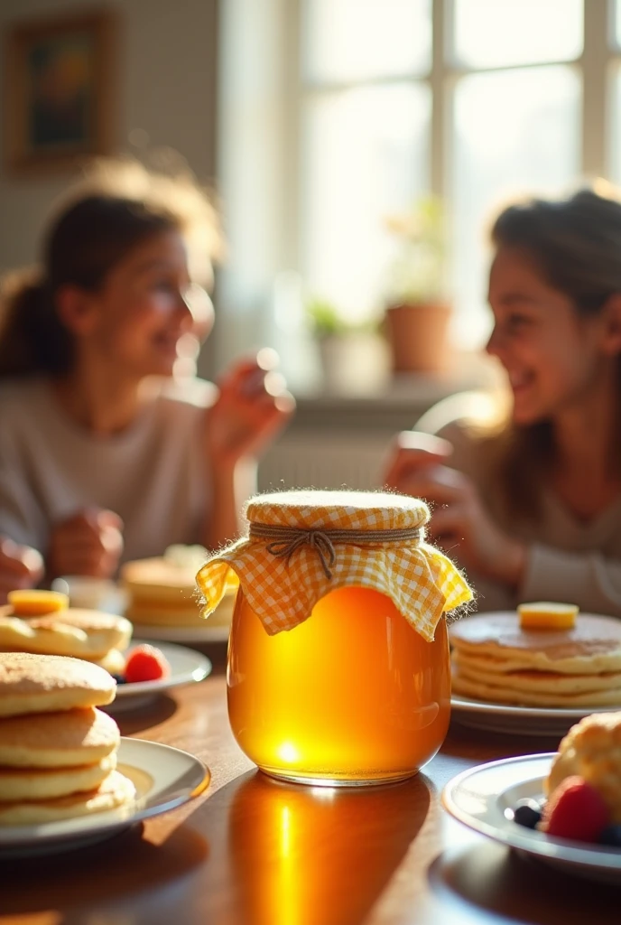 honey jar ,with lid on the lid there is a yellow and white checkered cloth on a table at a family breakfast with humans