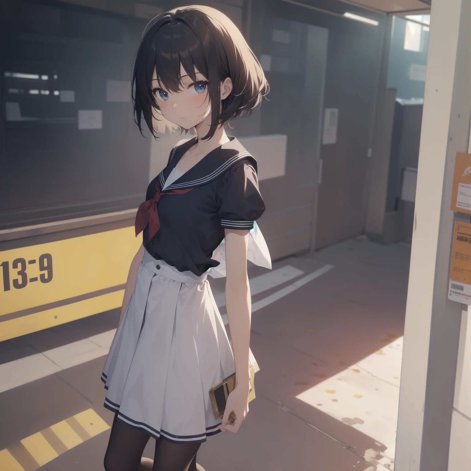 ultra-absurdres-Top quality by artist God, ultra-detailed, high resolution, anime moe artstyle, best anime 8k konachan wallpaper, pixiv contest winner, pool:2810, perfect anatomy,break, 1girl, (Please draw a girl walking sleepily to school alone. )break,(Solo,little female, 13-year-old:1.3),Full limbs, complete fingers,a junior high school student, (very short hair), short cut, flat chest, , small butt, small black eyes, beautiful detailed eyes, well-proportioned iris and pupils, expressive eyes, highres detailed hair, soft expression, salor school_uniform, sailor collar, serahuku, bow, pleated skirt,(Detailed Lighting), (Detailed background), in the School commute route. break,super detailed skin, Best cinematic lighting powered by famous artist, 8k,beauty illustration,photoshop_(medium),very aesthetic,break,((artist:shimazaki_mujirushi )), artist:clamp ,artist:carnelian ,artist:kantoku ,