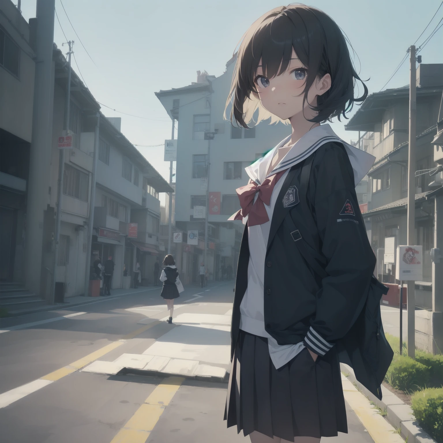 ultra-absurdres-Top quality by artist God, ultra-detailed, high resolution, anime moe artstyle, best anime 8k konachan wallpaper, pixiv contest winner, pool:2810, perfect anatomy,break, 1girl, (Please draw a girl walking sleepily to school alone. )break,(Solo,little female, 13-year-old:1.3),Full limbs, complete fingers,a junior high school student, (very short hair), short cut, flat chest, , small butt, small black eyes, beautiful detailed eyes, well-proportioned iris and pupils, expressive eyes, highres detailed hair, soft expression, salor school_uniform, sailor collar, serahuku, bow, pleated skirt,(Detailed Lighting), (Detailed background), in the School commute route. break,super detailed skin, Best cinematic lighting powered by famous artist, 8k,beauty illustration,photoshop_(medium),very aesthetic,break,((artist:shimazaki_mujirushi )), artist:clamp ,artist:carnelian ,artist:kantoku ,