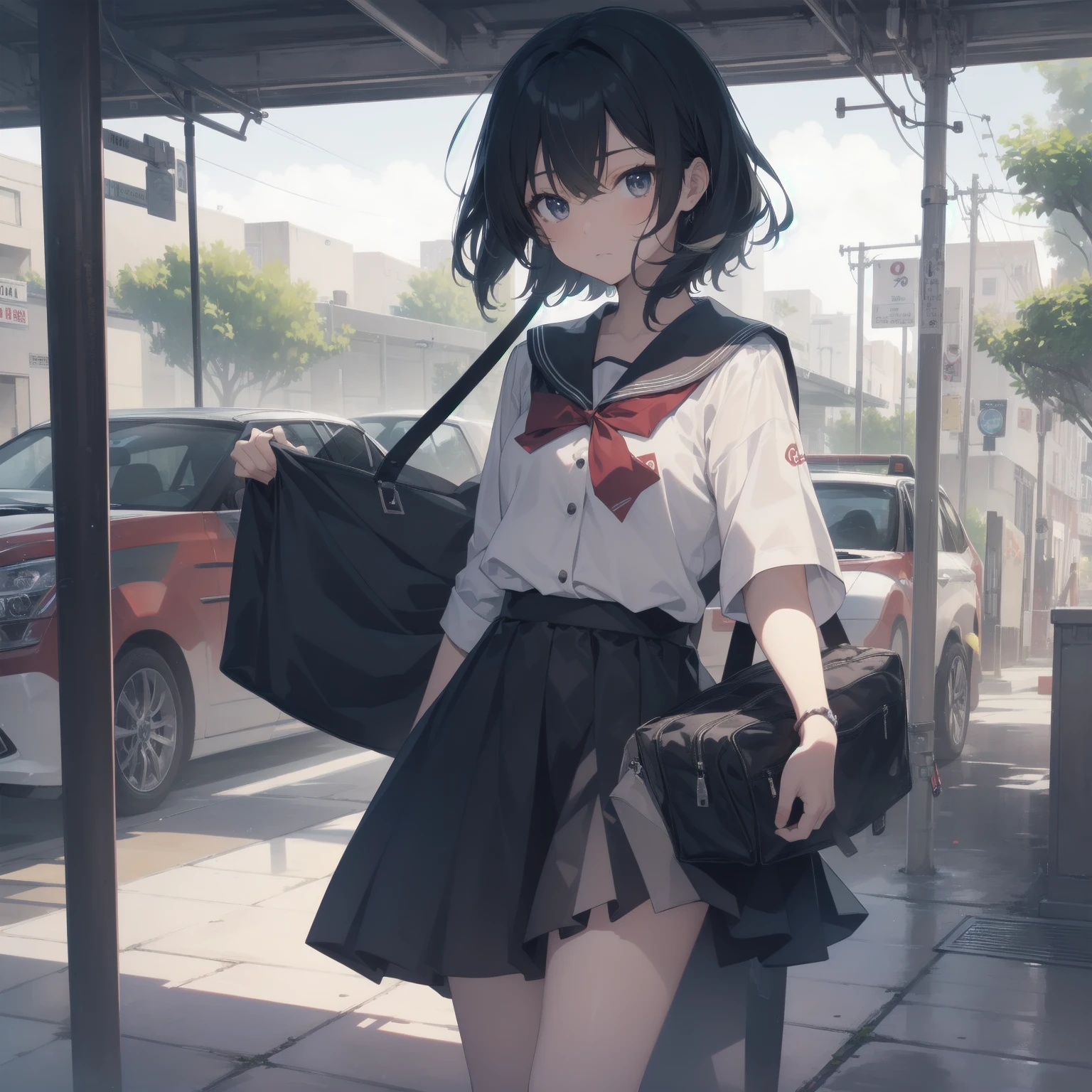 ultra-absurdres-Top quality by artist God, ultra-detailed, high resolution, anime moe artstyle, best anime 8k konachan wallpaper, pixiv contest winner, pool:2810, perfect anatomy,break, 1girl, (Please draw a girl walking sleepily to school alone. )break,(Solo,little female, 13-year-old:1.3),Full limbs, complete fingers,a junior high school student, (very short hair), short cut, flat chest, , small butt, small black eyes, beautiful detailed eyes, well-proportioned iris and pupils, expressive eyes, highres detailed hair, soft expression, salor school_uniform, sailor collar, serahuku, bow, pleated skirt,(Detailed Lighting), (Detailed background), in the School commute route. break,super detailed skin, Best cinematic lighting powered by famous artist, 8k,beauty illustration,photoshop_(medium),very aesthetic,break,((artist:shimazaki_mujirushi )), artist:clamp ,artist:carnelian ,artist:kantoku ,