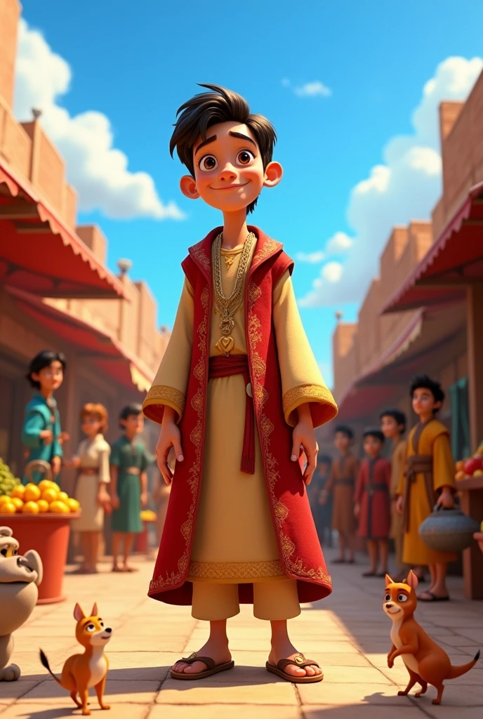 create an image of the biblical characters jose and his brothers selling it in disney pixar format