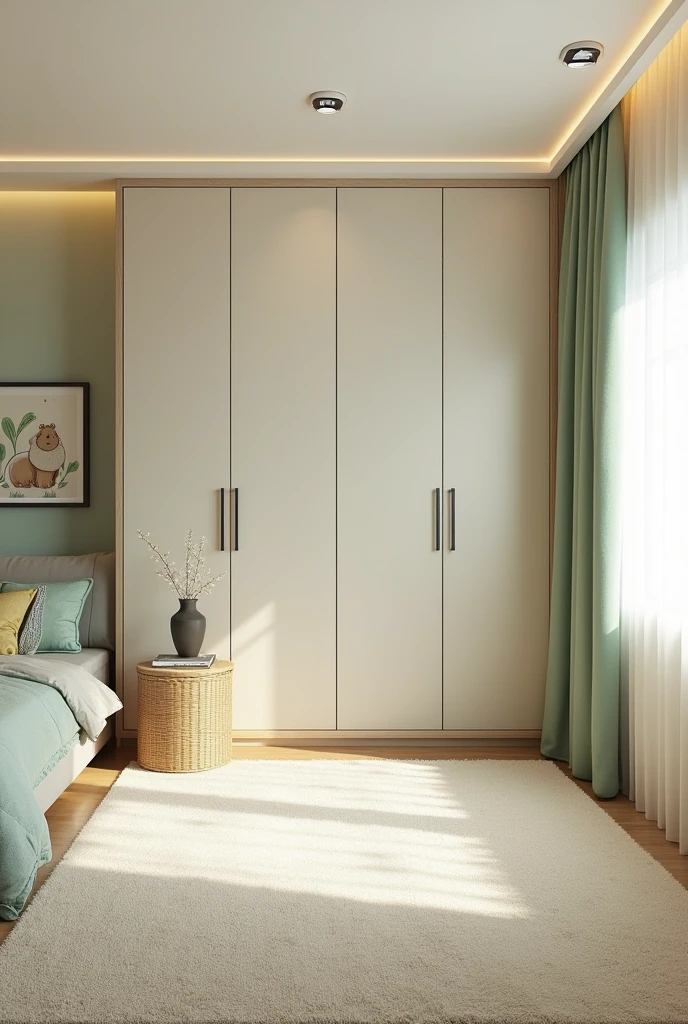 Professional 3d architecture rendering design of modern and   light moss and  so light Thunder and light cream and wooden   Modern and minimal  design for chid  bedroom  and light  cream   carpet  with animals painting and white painting wall and light wooden closet with animals painting and modern ceiling lighting and modern curtains for chid room 