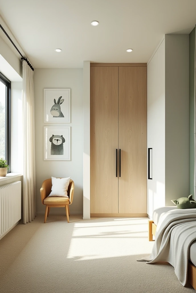 Professional 3d architecture rendering design of modern and light moss and so light Thunder and light cream and wooden Modern and minimal design for chid bedroom and light cream carpet with animals painting and white painting wall and light wooden closet with animals painting and modern ceiling lighting and modern curtains for chid room