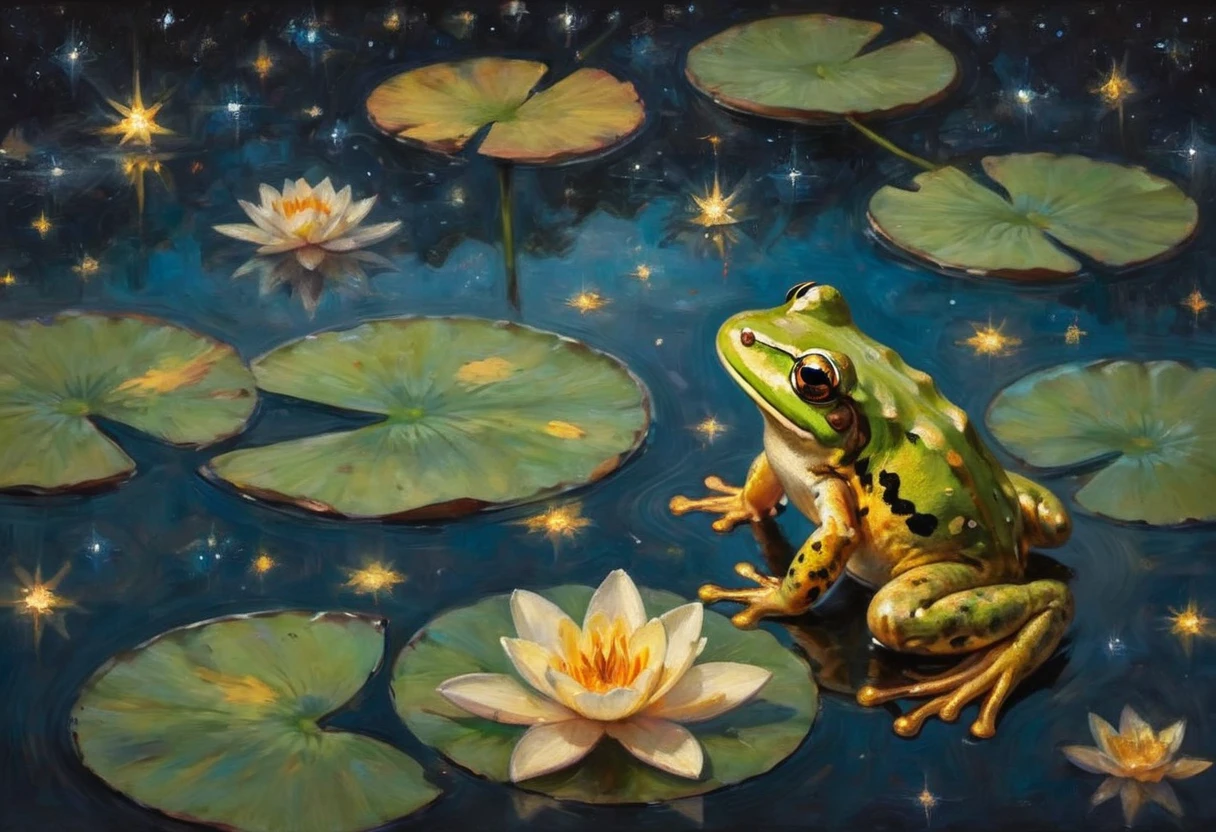 A frog sitting on a lily pad in a still pond, a few large koi gold and black near the surface, a vivid starry sky is reflected on the water, viewed from above
