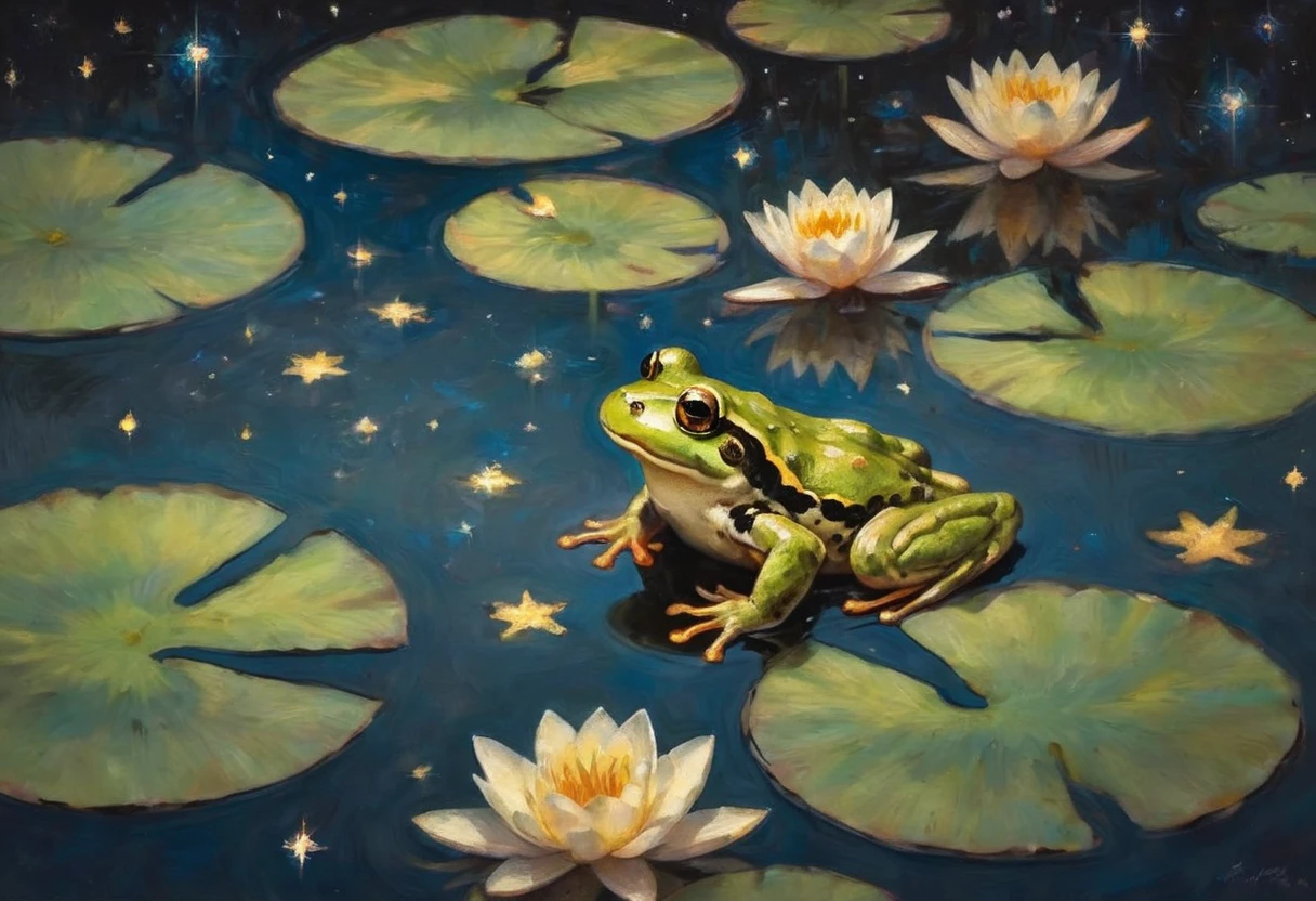 A frog sitting on a lily pad in a still pond, a few large koi gold and black near the surface, a vivid starry sky is reflected on the water, viewed from above