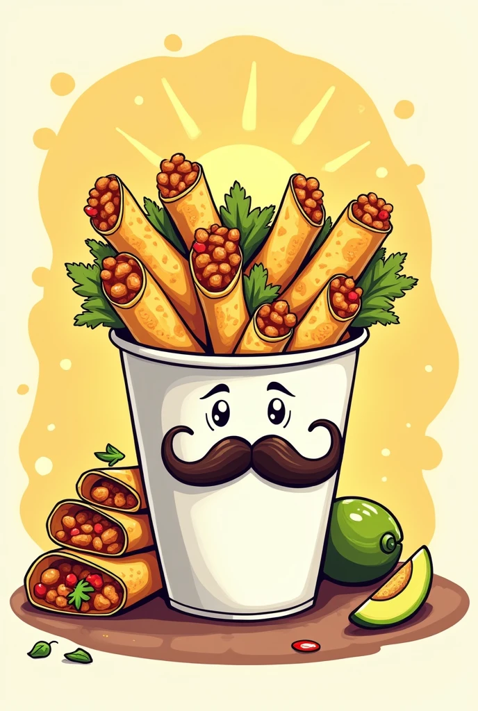 Make me a picture of golden chicken tacos or Mexican chicken flautas in a white paper cup. I want the same glass where the flutes are to have a mustache.
I want this illustration in cartoon style, for a logo 