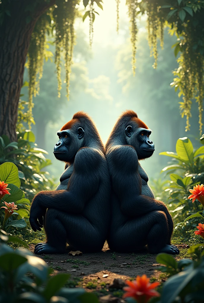 Generate me two gorilas sitting at each other's backside