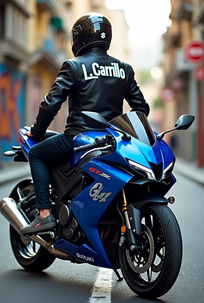 Suzuki gixxer motorcycle in blue with Lyk logo and the name L_Carrillo in jacket