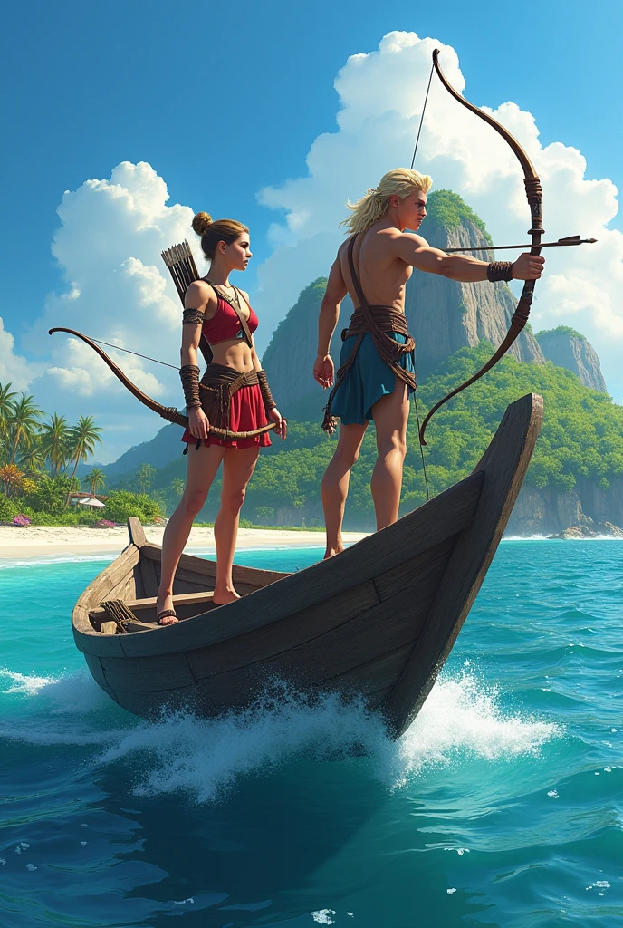 Two mid- twenty men, archers, with bows and arrows, and small daggers in their waists, one is more muscular, and has blond hair color, Crossing the sea, in front of them is a be beautiful Island 