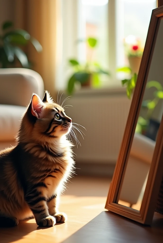High resolution, Highest quality, (Cat surprised by mirror)、From the side、
