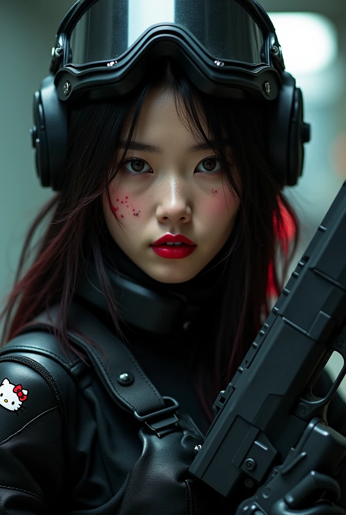 A 28 year old girl who has semi Korean hazel eyes.
She wears a black military suit (similar to Call of Duty)
There is an Ambu mask on his head and his lips are red with scars.
She has loose black hair and Korean bangs with red highlights..
The scenery is cinematic and there is a black gun with a hello kitty sticker on its handle.