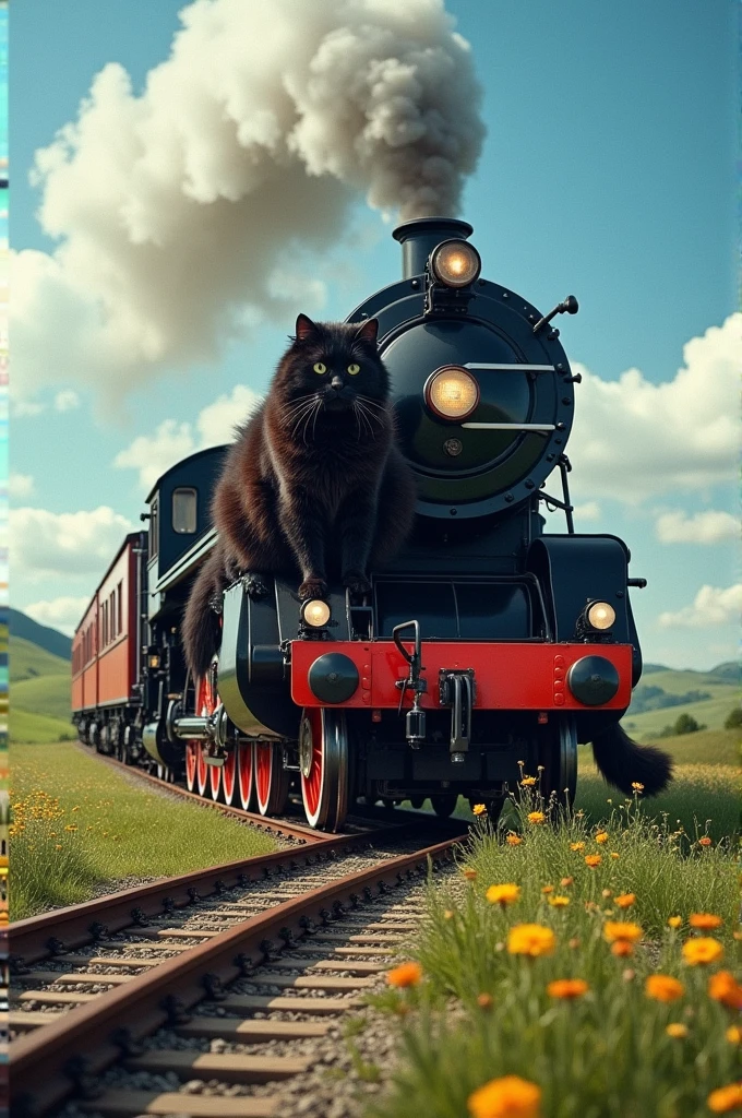 A big train grasped by a big black cat