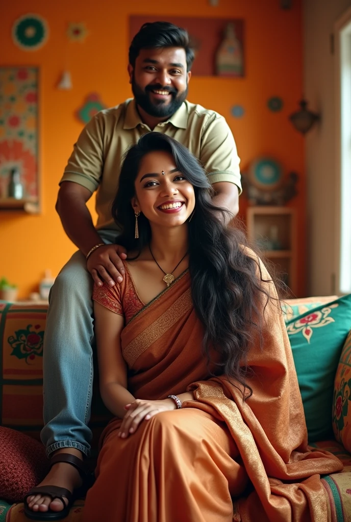 Create a realistic photograph of a smiling and beautiful indian female model in brown silk saree carrying a large chubby man on her shoulders in a room, man is sitting on top of her shoulders , man on top, woman at bottom