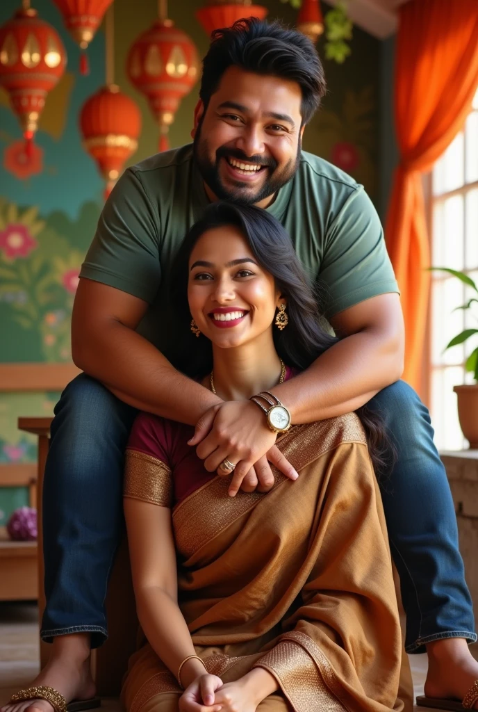Create a realistic photograph of a smiling and beautiful indian female model in brown silk saree carrying a large chubby man on her shoulders in a room, man is sitting on top of her shoulders , man on top, woman at bottom