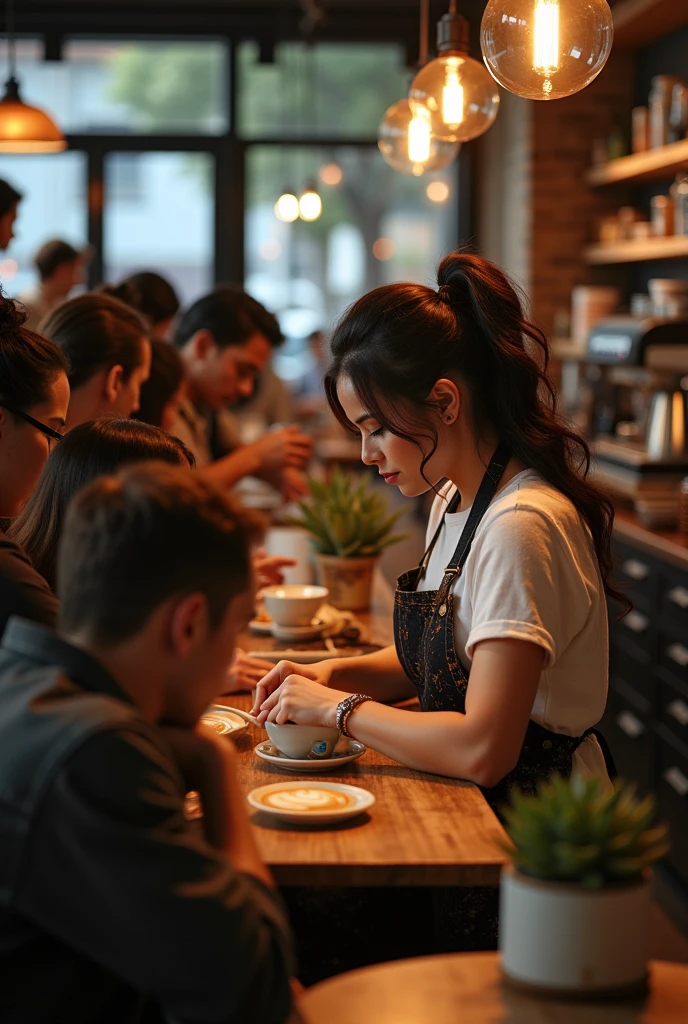 a group of people looking at woman working, shot from their back