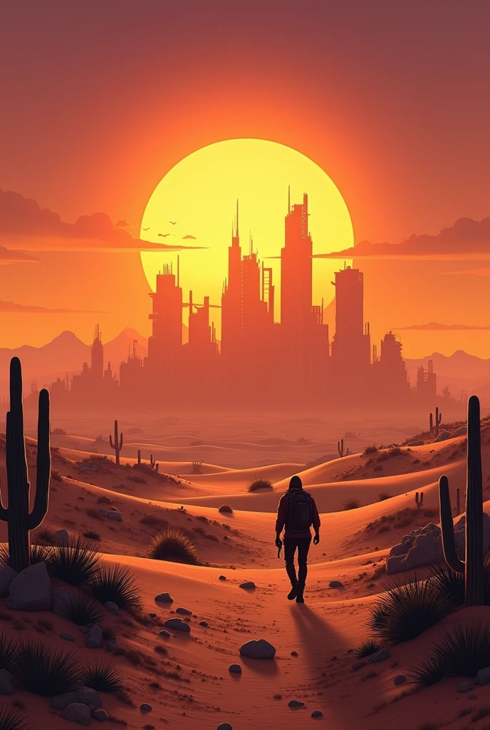 Desert with city behind scene add plants and more things add adventures destruction sunset scene